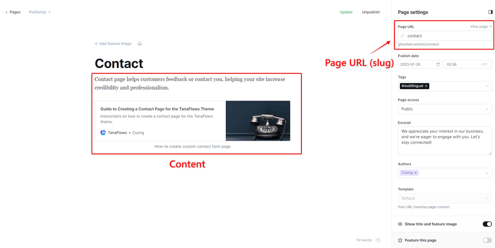 Page URL contact