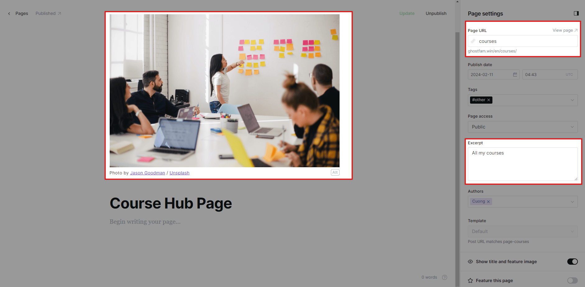 Create a new page for course hub