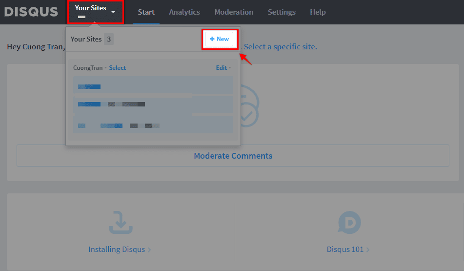 Create a new site in Disqus